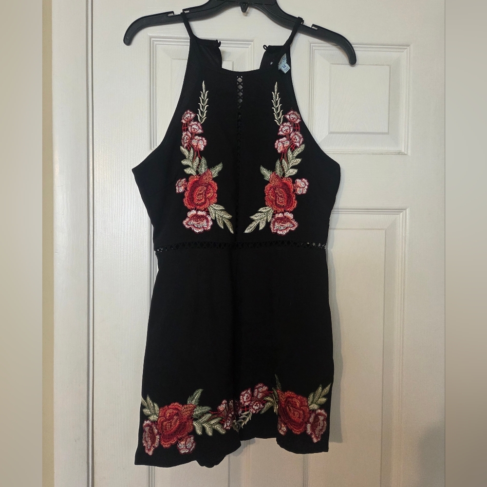 She + Sky Black Jumpsuit with Red Floral Embroidery